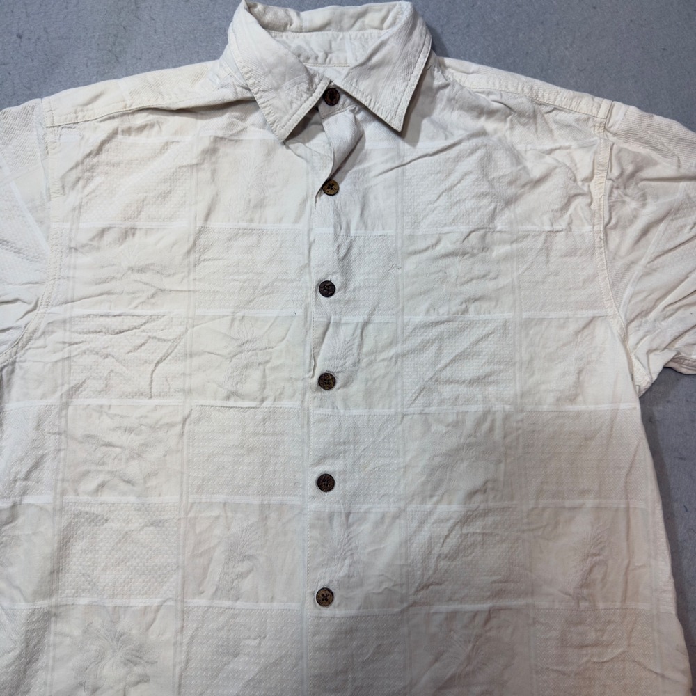 Island Republic Silk‎ Button Up Mens L Cream Excellent Palm Tree Jacquard Shirt